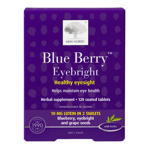 120 New Nordic Blue Berry Eyebright tablets, a herbal supplement with blueberry, eyebright, and grape seeds to help maintain eye health.