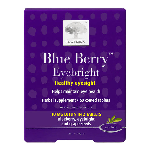 60 New Nordic Blue Berry Eyebright tablets, a herbal supplement with blueberry, eyebright, and grape seeds to help maintain eye health.