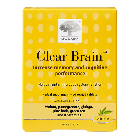 60 New Nordic Clear Brain tablets, a herbal supplement with walnut, pomegranate, ginkgo, pine bark, green tea, and B-vitamins that helps maintain nervous system function.