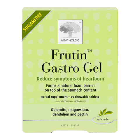 60 New Nordic Frutin Gastro Gel chewable tablets, a herbal supplement with dolomite, magnesium, dandelion, and pectin to reduce symptoms of heartburn.