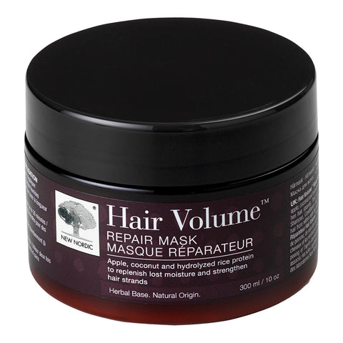 300ml tub of New Nordic Hair Volume Repair Mask with apple, coconut, and hydrolysed rice protein to replenish lost moisture and strengthen hair strands.