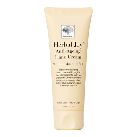 75ml tube of New Nordic Herbal Joy Anti-Ageing Hand Cream, an intense moisturising hand cream with herbal ingredients, such as astaxanthin, sea buckthorn, grapefruit, rosemary, shea butter, and hyaluronic acid to nourish the skin.