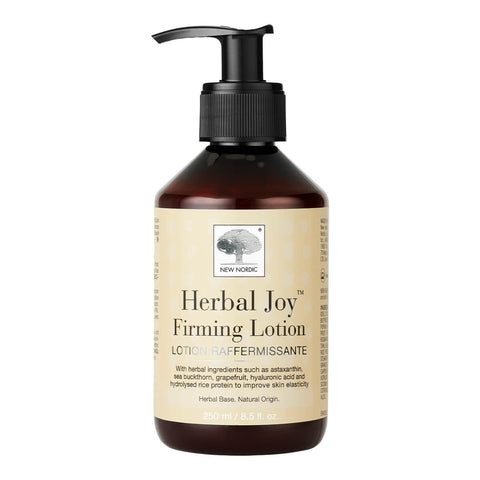 250ml pump bottle of New Nordic Herbal Joy Firming Lotion, a rich and quick-absorbing lotion that intensively nourishes and hydrates your skin. Containing hydrolysed rice protein and shea butter that helps improve skin elasticity.