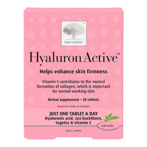 30 New Nordic Hyaluron Active tablets, a herbal supplement with hyaluronic acid, sea buckthorn, tagetes, and vitamin C to help enhance skin firmness.