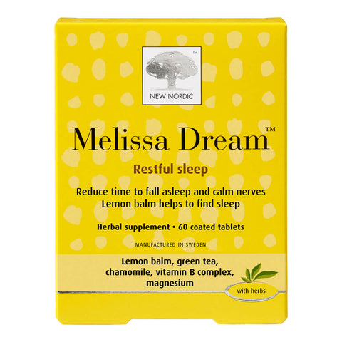 60 New Nordic Melissa Dream tablets, a herbal supplement with lemon balm, green tea, chamomile, vitamin B complex, and magnesium to support a restful sleep.