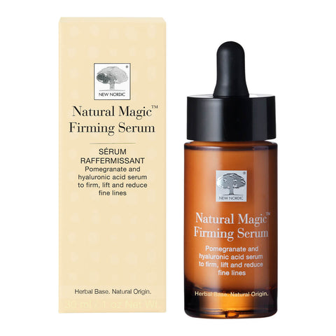 30ml dropper bottle of New Nordic Natural Magic Firming Serum with pomegranate and hyaluronic acid serum to firm, lift, and reduce fine lines.