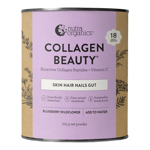 225g tin of Nutra Organics Collagen Beauty powder in Blueberry Wildflower flavour, a natural collagen supplement with Verisol bioactive collagen peptides and vitamin C to plump skin, aid skin healing, support skin hydration and elasticity, plus support healthy hair, nails and gut. Packaged in a tin with a brown and purple label.