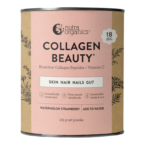 225g tin of Nutra Organics Collagen Beauty powder in Watermelon Strawberry flavour, a natural collagen supplement with Verisol bioactive collagen peptides and vitamin C to plump skin, aid skin healing, support skin hydration and elasticity, plus support healthy hair, nails and gut. Packaged in a tin with a brown and pink label.