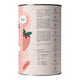 Right side view of 450g container of Nutra Organics Thriving Family Protein in Strawberries and Cream flavour, a plant-based protein and wholefood multivitamin blend with 17 minerals suitable for the whole family. The right side shows the product description and highlights. Packaged in a tin with a light pink label with strawberry illustrations.