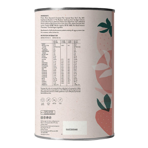 Left side view of 450g container of Nutra Organics Thriving Family Protein in Strawberries and Cream flavour, a plant-based protein and wholefood multivitamin blend with 17 minerals suitable for the whole family. The left side shows the ingredients and nutrition information. Packaged in a tin with a light pink label with strawberry illustrations.