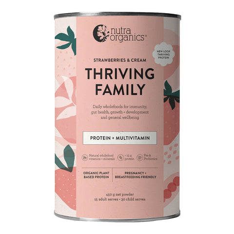 Front view of 450g container of Nutra Organics Thriving Family Protein in Strawberries and Cream flavour, a plant-based protein and wholefood multivitamin blend with 17 minerals suitable for the whole family. Packaged in a tin with a light pink label with strawberry illustrations.