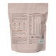 Back view of 1kg resealable bag of Nutra Organics Thriving Family Protein in Double Choc flavour, a plant-based protein and wholefood multivitamin blend with 17 minerals suitable for the whole family. Back shows the description outlining highlights of the product, serving suggestion, ingredients, and nutrition information. Packaged in a tin with a light brown coloured resealable bag.