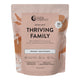 Front view of 1kg resealable bag of Nutra Organics Thriving Family Protein in Double Choc flavour, a plant-based protein and wholefood multivitamin blend with 17 minerals suitable for the whole family. Packaged in a tin with a light brown coloured resealable bag.