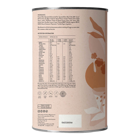 Left side view of 450g container of Nutra Organics Thriving Family Protein in Double Choc flavour, a plant-based protein and wholefood multivitamin blend with 17 minerals suitable for the whole family. Left side shows the ingredients and nutrition information. Packaged in a tin with a light brown label.