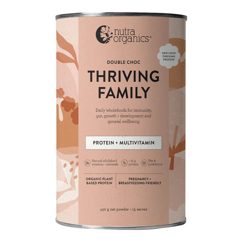 Front view of 450g container of Nutra Organics Thriving Family Protein in Double Choc flavour, a plant-based protein and wholefood multivitamin blend with 17 minerals suitable for the whole family. Packaged in a tin with a light brown label.