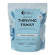 Front view of 1kg resealable bag of Nutra Organics Thriving Family Protein in Smooth Vanilla flavour, a plant-based protein and wholefood multivitamin blend with 17 minerals suitable for the whole family. Packaged in a light blue coloured resealable bag.