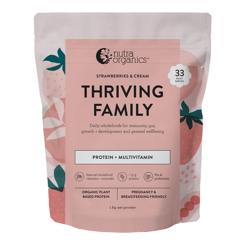 Front view of 1kg resealable bag of Nutra Organics Thriving Family Protein in Strawberries and Cream flavour, a plant-based protein and wholefood multivitamin blend with 17 minerals suitable for the whole family. Packaged in a light pink resealable bag with strawberry illustrations.