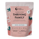 Front view of 1kg resealable bag of Nutra Organics Thriving Family Protein in Strawberries and Cream flavour, a plant-based protein and wholefood multivitamin blend with 17 minerals suitable for the whole family. Packaged in a light pink resealable bag with strawberry illustrations.