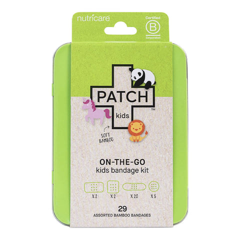 Tin of PATCH Kids On-The-Go Bandage Kit containing 29 natural, breathable, hypoallergenic, and biodegradable bandages in assorted sizes with panda, unicorn, and lion prints. The tin is a bright green colour.