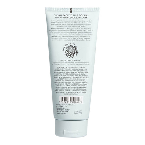 Back of 200ml bottle of People4Ocean Natural SPF 30 Sunscreen, a natural and nourishing formula with a semi-matte finish suitable for the face and body. The back shows the description, directions, precautions and ingredients.