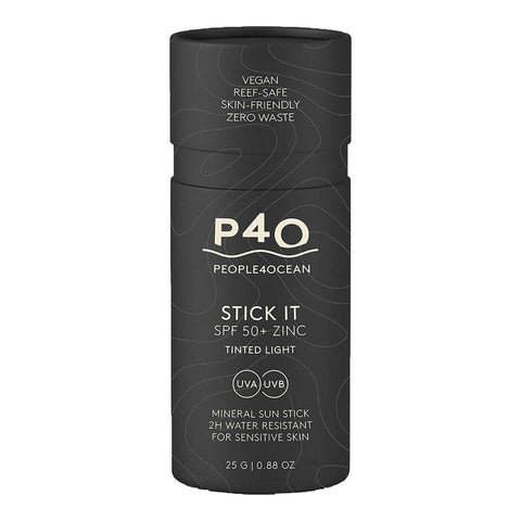 25g stick of People4Planet Stick It SPF 50+ Zinc in Tinted Light colour, a lightweight, dry-to-touch and waterproof zinc stick providing long-lasting UV protection to sensitive areas. Packaged in a black cardboard tube.