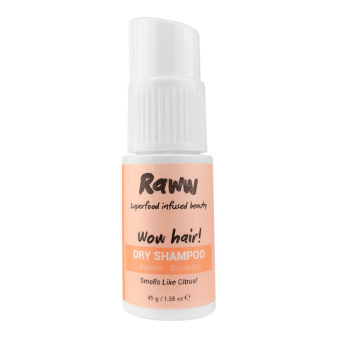 45g pump bottle of Raww Wow Hair! Dry Shampoo in Citrus, a 100% natural, non-aerosol formula is super absorbent, lightweight, and ideal for blonde to brunettes.