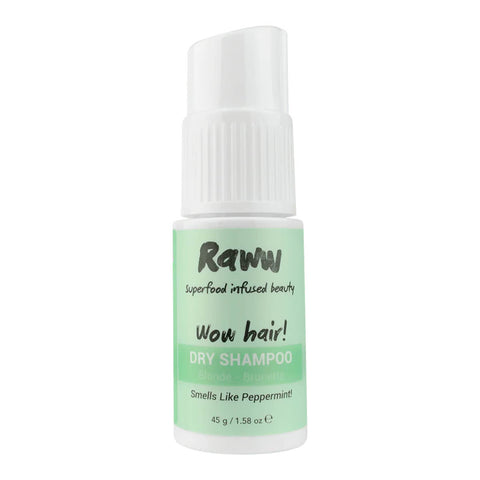 45g pump bottle of Raww Wow Hair! Dry Shampoo in Peppermint, a 100% natural, non-aerosol formula is super absorbent, lightweight, and ideal for blonde to brunettes.