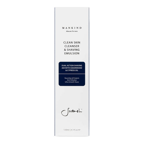 120ml box of Sodashi Clean Skin Cleanser & Shaving Emulsion, a luxurious dual-action cream that deep cleanses and acts as a gentle shaving emulsion, softening stubble and preparing the skin for a comfortable shave. Packaged in a white box.