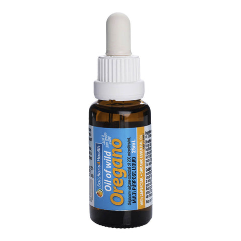 25ml dropper bottle of Solutions 4 Health Oil of Wild Oregano, a herbal supplement rich in carvacrol with antibacterial, anti-inflammatory, antiseptic, and antifungal properties. It may help boost immunity and support general health.