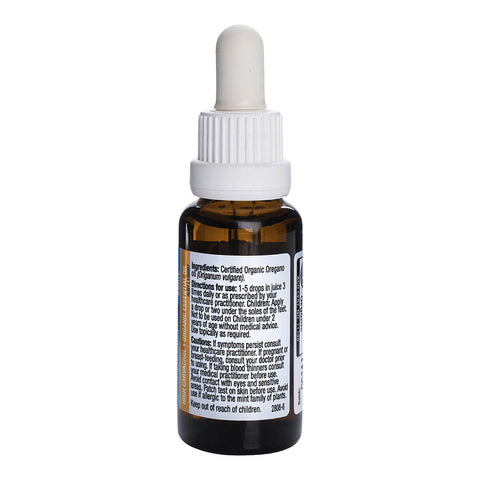 Right side view of 25ml dropper bottle of Solutions 4 Health Oil of Wild Oregano, a herbal supplement rich in carvacrol with antibacterial, anti-inflammatory, antiseptic, and antifungal properties. It may help boost immunity and support general health. Showing the ingredients, directions, and precautions.