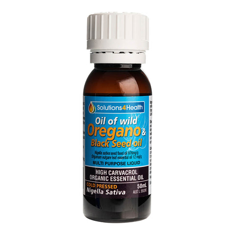 50ml bottle of Solutions 4 Health Oil of Wild Oregano & Black Seed Oil, a herbal supplement rich in carvacrol with antibacterial, anti-inflammatory, antiseptic, and antifungal properties. It may help boost immunity, support general health, and relieve menstrual pain.