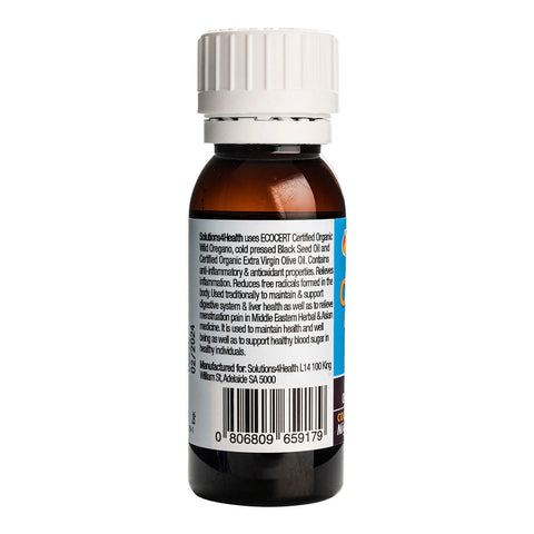 Left side of 50ml bottle of Solutions 4 Health Oil of Wild Oregano & Black Seed Oil, a herbal supplement rich in carvacrol with antibacterial, anti-inflammatory, antiseptic, and antifungal properties. It may help boost immunity, support general health, and relieve menstrual pain. Showing description and barcode.