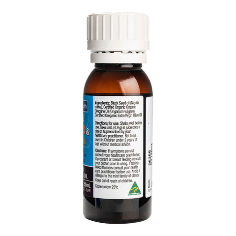 Right side of 50ml bottle of Solutions 4 Health Oil of Wild Oregano & Black Seed Oil, a herbal supplement rich in carvacrol with antibacterial, anti-inflammatory, antiseptic, and antifungal properties. It may help boost immunity, support general health, and relieve menstrual pain. Showing ingredients, directions, and precautions.