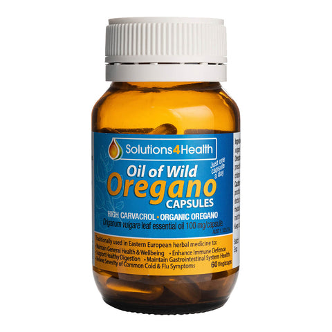 Bottle of 60 Solutions 4 Health Oil of Wild Oregano Capsules, a herbal supplement rich in carvacrol with antibacterial, anti-inflammatory, antiseptic, and antifungal properties. It may help boost immunity and support general health.