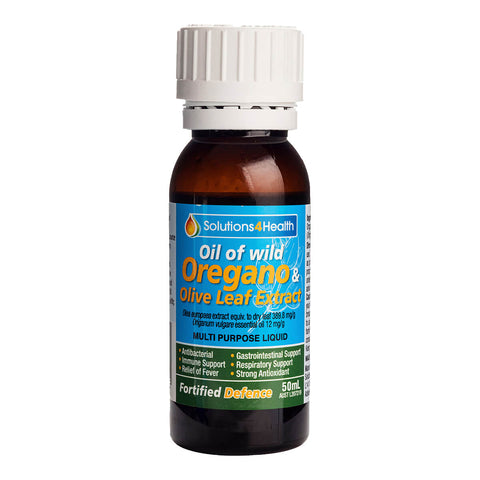 50ml bottle of Solutions 4 Health Oil of Wild Oregano & Olive Leaf Extract, a herbal supplement rich in carvacrol with antibacterial, anti-inflammatory, antiseptic, and antifungal properties. It may be helpful for cardiovascular and immune system health, a tonic for general health, and mild fever relief.