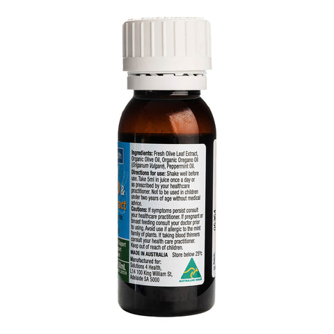 Right side of 50ml bottle of Solutions 4 Health Oil of Wild Oregano & Olive Leaf Extract, a herbal supplement rich in carvacrol with antibacterial, anti-inflammatory, antiseptic, and antifungal properties. It may be helpful for cardiovascular and immune system health, a tonic for general health, and mild fever relief. Showing ingredients, directions, and precautions.