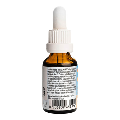 Left side view of 25ml dropper bottle of Solutions 4 Health Oil of Wild Oregano & Turmeric Oil, a herbal supplement rich in carvacrol with antibacterial, anti-inflammatory, antiseptic, and antifungal properties. It may help boost immunity and support general health. Showing description and barcode.