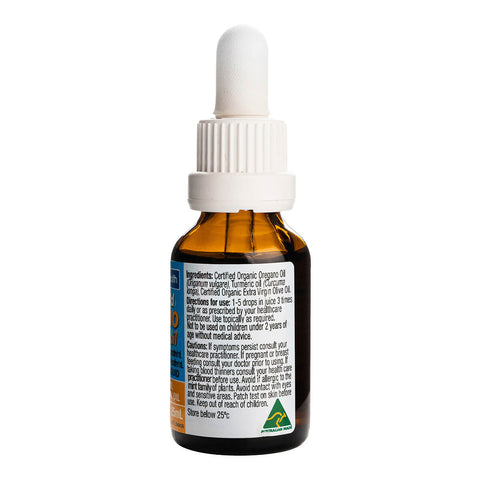 Right side view of 25ml dropper bottle of Solutions 4 Health Oil of Wild Oregano & Turmeric Oil, a herbal supplement rich in carvacrol with antibacterial, anti-inflammatory, antiseptic, and antifungal properties. It may help boost immunity and support general health. Showing the ingredients, directions, and precautions.