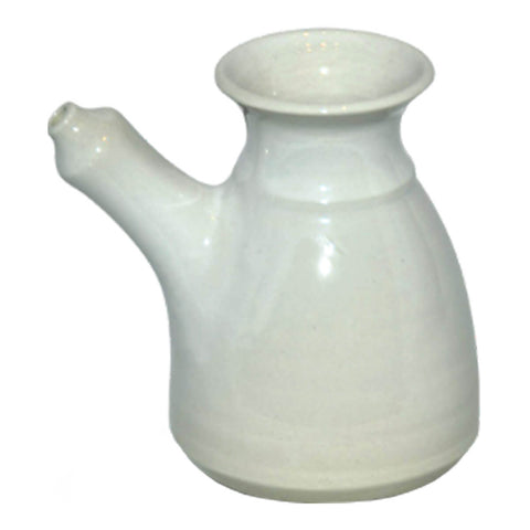 Southern Cross Pottery Neti Pot in white, stoneware used for nasal irrigation, a personal hygiene practice in which the nasal cavity is rinsed to remove excess mucus and debris from the nose and sinuses.