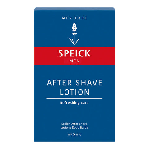 100ml box of Speick Men After Shave Lotion, a natural after shave with toning and revitalising witch hazel extract. It hydrates stressed skin after shaving and supports the skin’s own hydro-lipid balance. Packaged in a glass bottle.