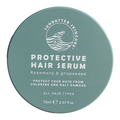 70ml tin of SunButter Oceans Protective Hair Serum with rosemary and grapeseed, a deeply nourishing hair restoration serum designed to protect your hair from chlorine and salt damage. Suitable for all hair types. Packaged in a blue tin with simple white text.