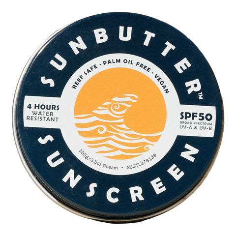 Tin of mineral (non-nano zinc oxide) SPF50 sunscreen. 