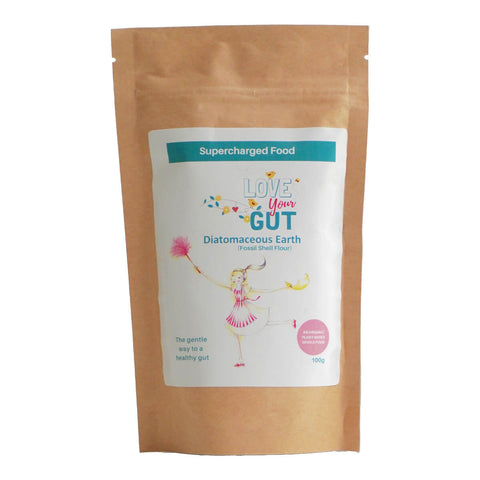 Supercharged Food Love Your Gut Powder 100g packet, a diatomaceous earth powder designed to gently cleanse the gut of accumulated waste, made from fossilised algae in freshwater lakes.