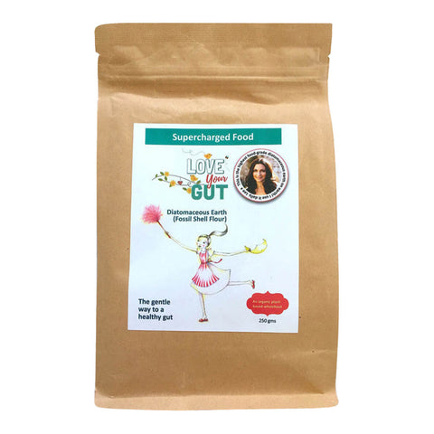 Supercharged Food Love Your Gut Powder 250g packet, a diatomaceous earth powder designed to gently cleanse the gut of accumulated waste, made from fossilised algae in freshwater lakes.