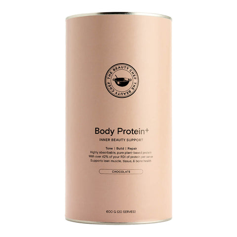 600g tin of The Beauty Chef Body Protein+ Inner Beauty Support in chocolate flavour, a balanced bio-fermented and bioavailable plant protein powder to tone and build lean muscle mass, support fitness and whole-body balance. Packaged in a light brown coloured tin.