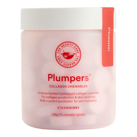 Tub of 75 chewable tablets of The Beauty Chef Plumpers Collagen Chewables in strawberry flavour. Science-backed hydrolysed collagen peptides support collagen production and skin elasticity, with a potent postbiotic for skin hydration. The plastic tub is slightly translucent white with pink text.