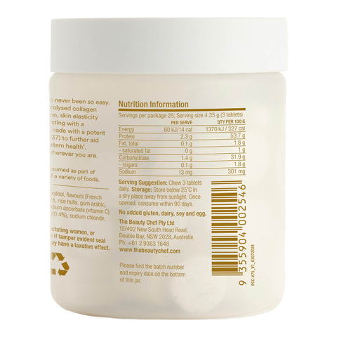 Back view of a tub of 75 chewable tablets of The Beauty Chef Plumpers Collagen Chewables in vanilla bean flavour. Science-backed hydrolysed collagen peptides support collagen production and skin elasticity, with a potent postbiotic for skin hydration. The back displays the nutrition information and serving suggestion. The plastic tub is slightly translucent white with brown text.