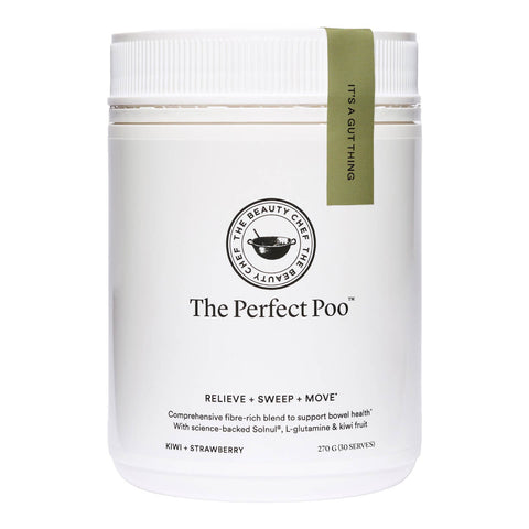 270g container of The Beauty Chef The Perfect Poo, a fibre-rich supplement designed to support microbial diversity, healthy and regular bowel movements, and normal stool consistency, featuring Solnul and a blend of plant-based extracts like marshmallow root, licorice, and kiwi fruit.