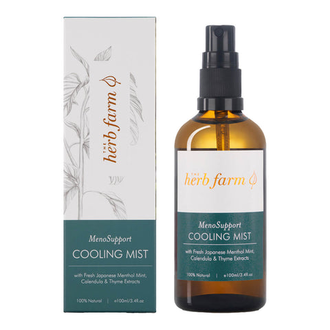 100ml spray bottle of The Herb Farm MenoSupport Cooling Mist, a refreshing mist that provides cooling relief and calmness to skin experiencing symptoms of perimenopause and menopause. Packaged in an amber bottle with a blue and white label and spray pump.