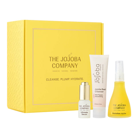 The Jojoba Company Cleanse. Plump. Hydrate. holiday set. Set includes Ultimate Serum, Jojoba Bead Cleanser, and Australian Jojoba Oil.